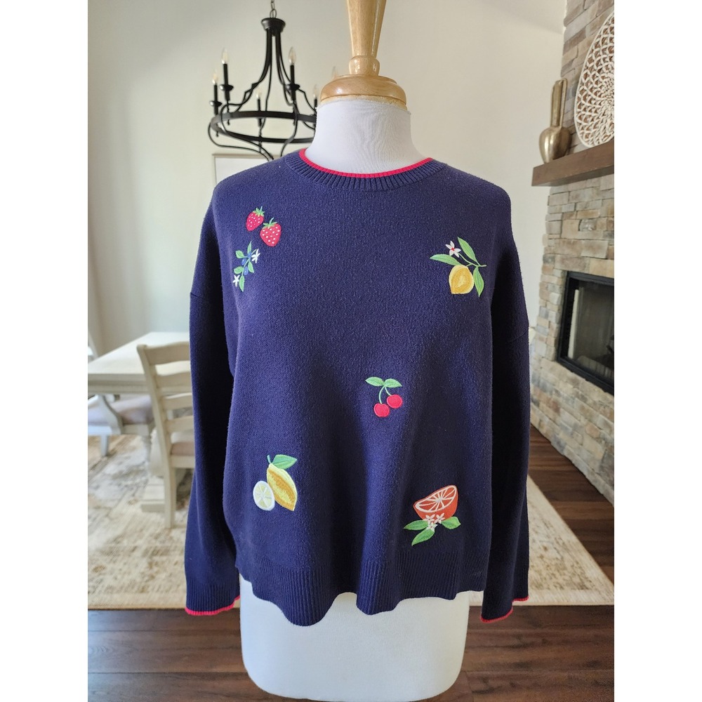 Womens XL Navy Blue Fruit Embroidered Crew Neck Pullover Sweater Preppy